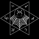 Spiderweb and cryptic symbols arranged inside a star and circle geometric pattern.