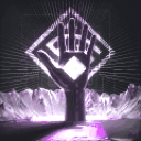 A stylized hand reaches upward from a glowing purple crystalline base, framed by a diamond-shaped border.
