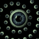 A large central eye surrounded by many smaller eyes staring forward against a black background.