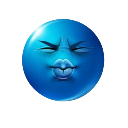 Blue sphere emoji with squinted eyes and tightly puckered lips.