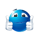 Blue sphere character smiling and giving a double thumbs-up gesture with white gloved hands.