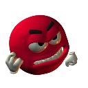 A red 3D sphere with an angry face, furrowed eyebrows, and bared teeth.