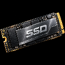 A solid-state drive with a black circuit board and gold connector pins.