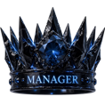 A metallic black crown with sharp spikes and a glowing blue gem in the center.