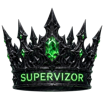 A dark metallic crown with sharp points and a glowing green gemstone in the center.