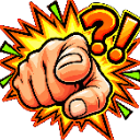 A hand pointing directly forward with a large question mark and exclamation point in a comic book style.