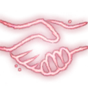 Handshake gesture rendered in a glowing neon pink line-art style.