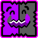 A square character with a split purple and gray face, wearing a wide, jagged, mischievous grin.