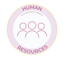 A circular badge with a purple outline containing a line-art icon of three people and the text Human Resources.