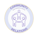 Three stylized figures holding hands inside a circular purple badge with the text Community Relations.