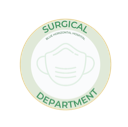 A circular badge with a light green border containing a white surgical mask icon and the text Surgical Department.