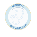 A circular blue and white badge with a stethoscope icon and the text Medical Department.