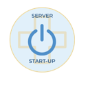 Power button icon centered inside a circle with the text SERVER above and START-UP below.