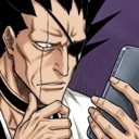 Kenpachi Zaraki with an eye patch looking skeptically at a smartphone screen.