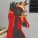 A character with a clock face and flaming hair holds up a wooden cross with a red-clothed arm.