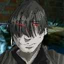 A stylized anime character with hair covering their eyes and a faint, smug smirk, featuring glowing red accents.