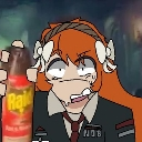 Anime girl with orange hair and a shocked expression holding up a red can of insect repellent.