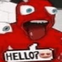 A red creature with wide, bulging eyes and an open mouth shouting HELLO? inside a speech bubble.