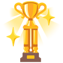 A golden trophy with sparkling light effects on a dark background.