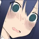 Anime girl with blue hair and swirling eyes looking dazed and flushed.