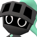 A stylized knight character with a dark gray helmet and large, curious eyes.