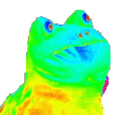 Four frogs arranged horizontally, each colored in different vibrant thermal and rainbow gradients.