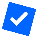 White checkmark centered on a tilted blue square background.
