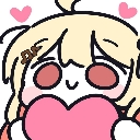 A cute cartoon character with blonde hair blushing while holding a large pink heart with small hearts floating above.