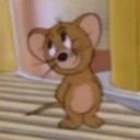 Jerry Mouse looking upward with a coy and suspicious expression.