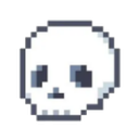 A white pixelated skull with dark gray eye sockets and nose cavity.