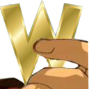 A human hand holding up a large, shiny golden letter W.