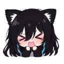 Anime girl with black cat ears and blue highlights looking extremely excited with her hands held near her face.