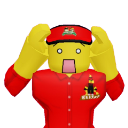 A yellow blocky character with a red uniform and visor clutching its head in a state of shock.