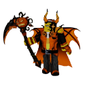 Horned character with orange skin and black clothing standing in a dark, pixelated environment.