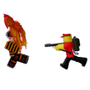 A blocky character in red and black firing a weapon at a burning target.
