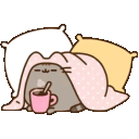 A gray cat snuggled under a pink blanket with pillows, holding a steaming pink mug.