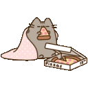 A gray cat sits under a pink blanket eating a slice of pizza next to an open pizza box.