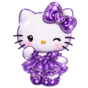 Hello Kitty winking while wearing a glittery purple dress and a large matching bow.