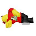 A 3D humanoid character in a red shirt and yellow limbs lying face down on a distorted rainbow background.