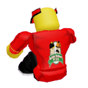A blocky 3D character wearing a red jacket with a logo on the back, looking down in a sad posture.