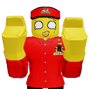 A blocky yellow character in a red uniform and cap with wide eyes and mouth open, throwing hands up in shock.