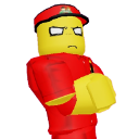 A blocky yellow character with a stern expression and arms crossed wearing a red uniform.
