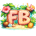 Letters FB in a tropical style surrounded by palm leaves, a pineapple, and a coconut drink on a sandy beach.