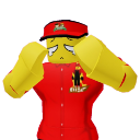 A blocky character in a red uniform and visor crying with hands near face.