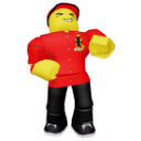 Blocky avatar character wearing a red shirt and black pants laughing with a wide grin.