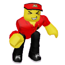 A blocky character wearing a red shirt and cap leans forward with a squinting, mischievous smile.