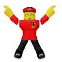 Blocky character with a yellow head and red shirt throwing arms up in a celebratory pose.