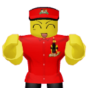 A block-headed character with a yellow face and red uniform smiling broadly with hands raised in excitement.