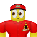 A yellow-headed blocky character with a red cap and uniform stares forward with wide, surprised eyes.