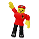 A 3D blocky character with a yellow face and red clothing raises a fist in a triumphant, aggressive pose.